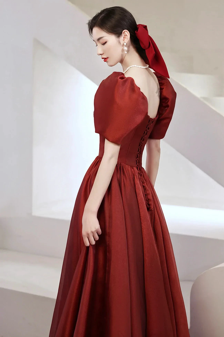 Burgundy Satin Long Prom Dresses A-Line Short Sleeve Evening Dresses Y1170 by simplepromdress