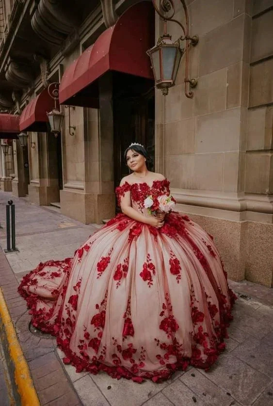 Red Lace Quinceanera Dress Ball Gown Off Shoulder Sweet 16 Party Dress Y6424 by simplepromdress