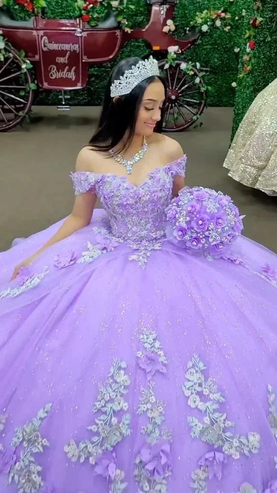 Glitter Off The Shoulder Lilac Ball Gown Sweet 16 Dress Y4293 by simplepromdress