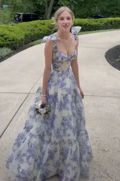 A-line Blue Floral Print Long Prom Dress Blue Evening Dress Y2560 by simplepromdress