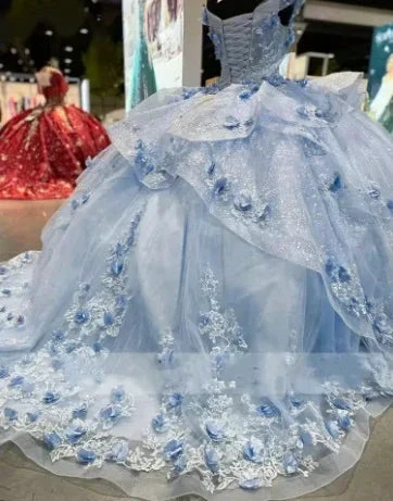 Gorgeous Blue Off The Shoulder Tulle Appliques Ball Gown Birthday Quinceanera Dress Y7835 by simplepromdress