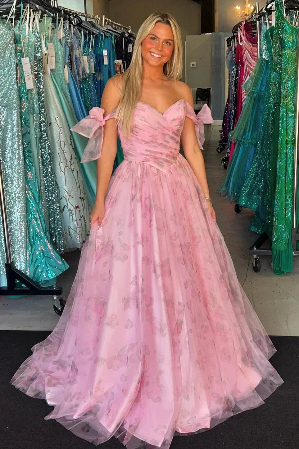 Pink Print Off-the-Shoulder A-Line Long Prom Dress by KissProm