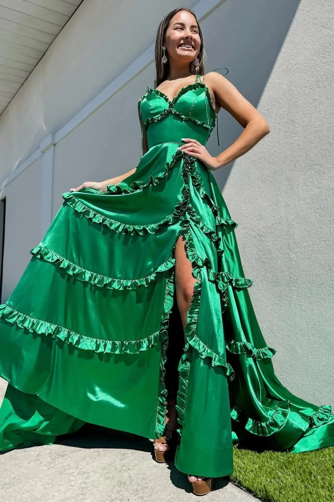 A-Line Green V-Neck Backless Ruffle Prom Dresses with Slit by KissProm