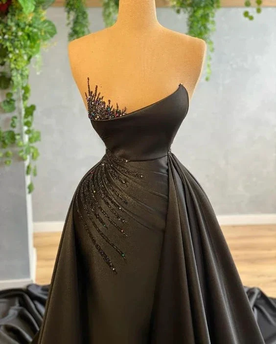 Black Detachable Train Prom Dresses For Women Beading Pleated Evening Dresses Y6676 by simplepromdress