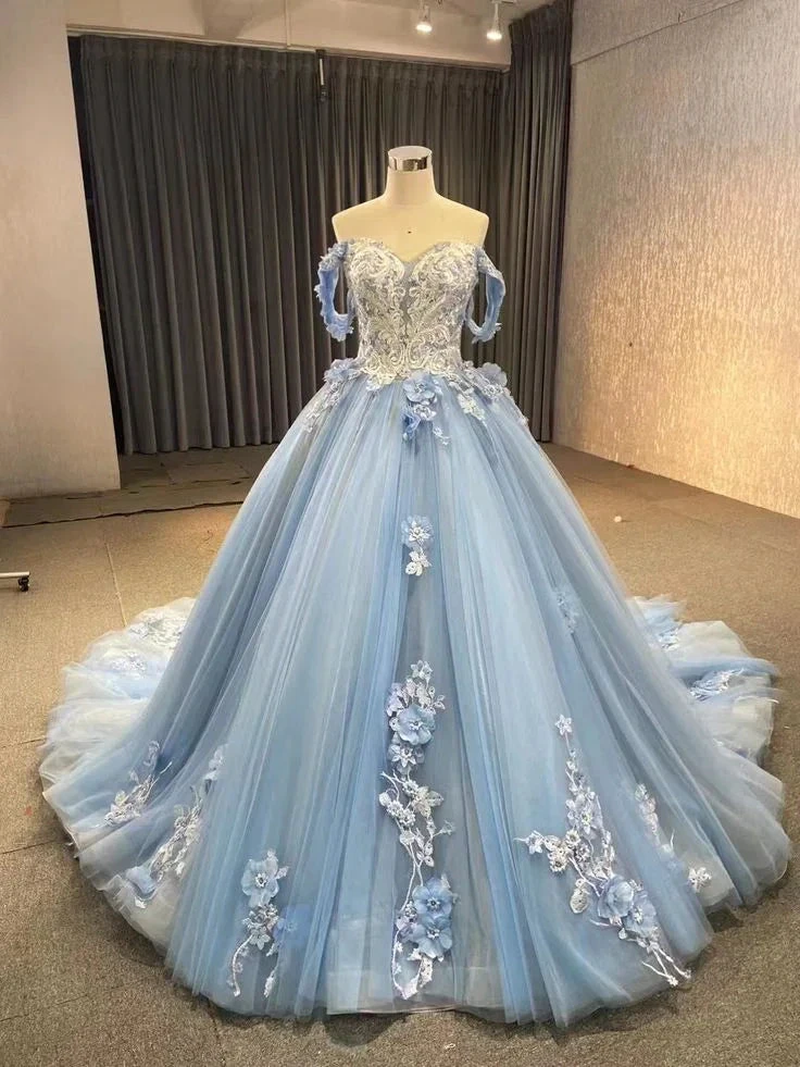 Blue Off The Shoulder Lace Tulle Ball Gown,Sweet 16 Dress Y6855 by simplepromdress