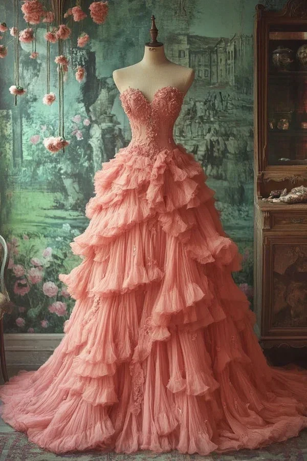 Gorgeous Pink Tulle appliques Pleated Ruffles Ball Gown,Multi Layered A Line Prom Dress Y8038 by simplepromdress