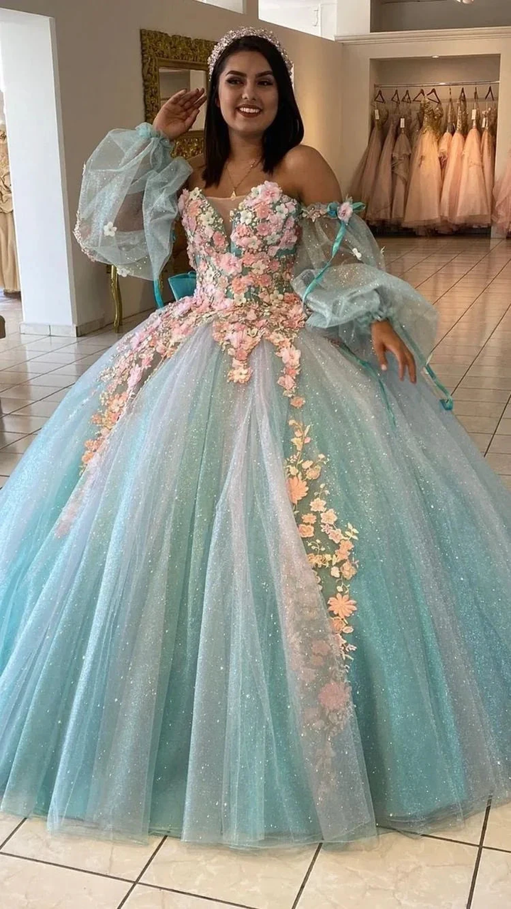 Ice Blue Quinceanera Dress with 3D Flowers Chic Ball Gown Y2990 by simplepromdress