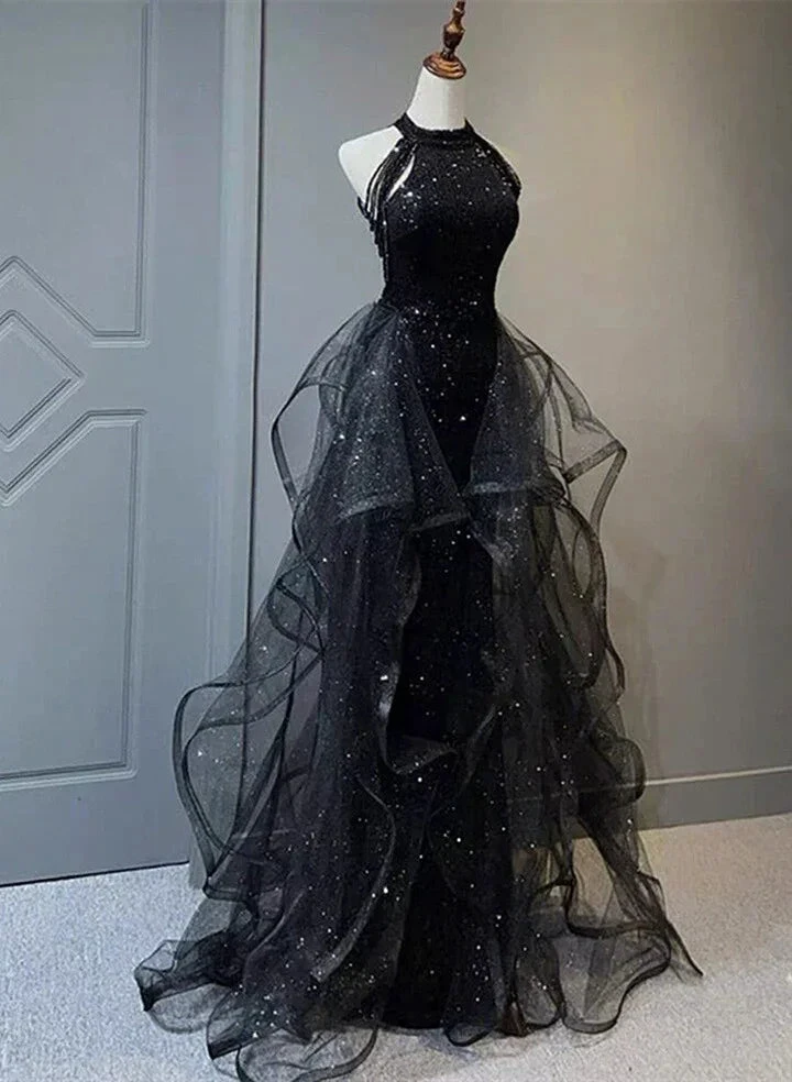 High Neckline Black Halter Shiny Tulle And Sequins Evening Dress, Black Tulle Prom Dress Y1864 by simplepromdress