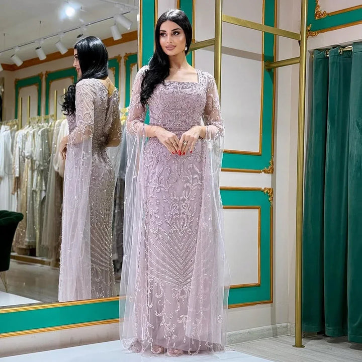 Serene Hill 2026 Dubai Pink Mermaid Long Evening Dress with Beaded Cape Gown for Wedding Occasion DLA72400A Customized