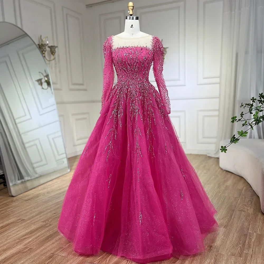 Serene Hill Customized Pink Long Sleeves A Line Beaded Dubai Evening Dresses Party Gowns 2025 For Women Wedding DLA71915