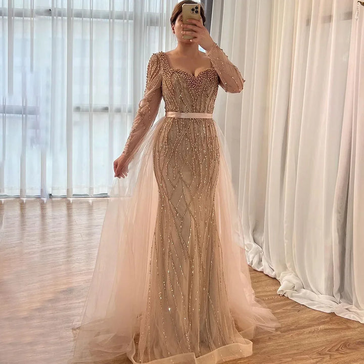 Serene Hill Customized Blue Long Sleeves Mermaid Pearls Beaded Evening Dresses Elegant Party Gowns For Women Wedding DLA71861