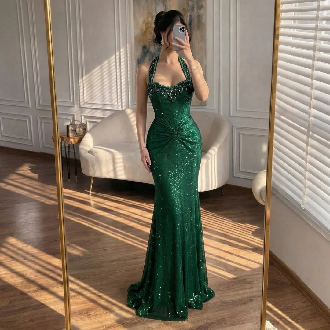 Serene Hill Rose Gold Mermaid Beaded Evening Dress Elegant Sparkly Wedding Party Gown with Ruched Waist DLA73410B Customized