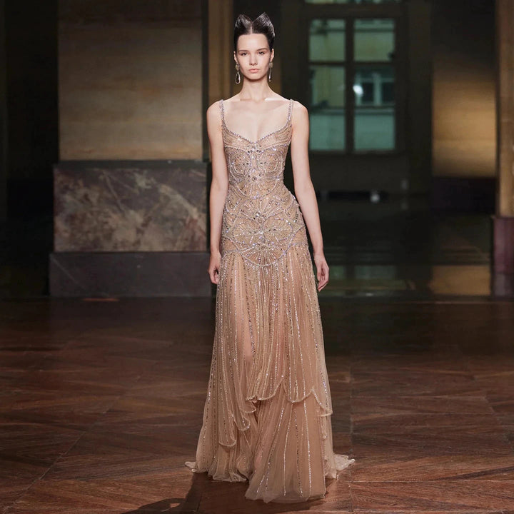 Champagne Beaded Mermaid Evening Dress Luxury Saudi Wedding Gown Customized by ZAPDRESS