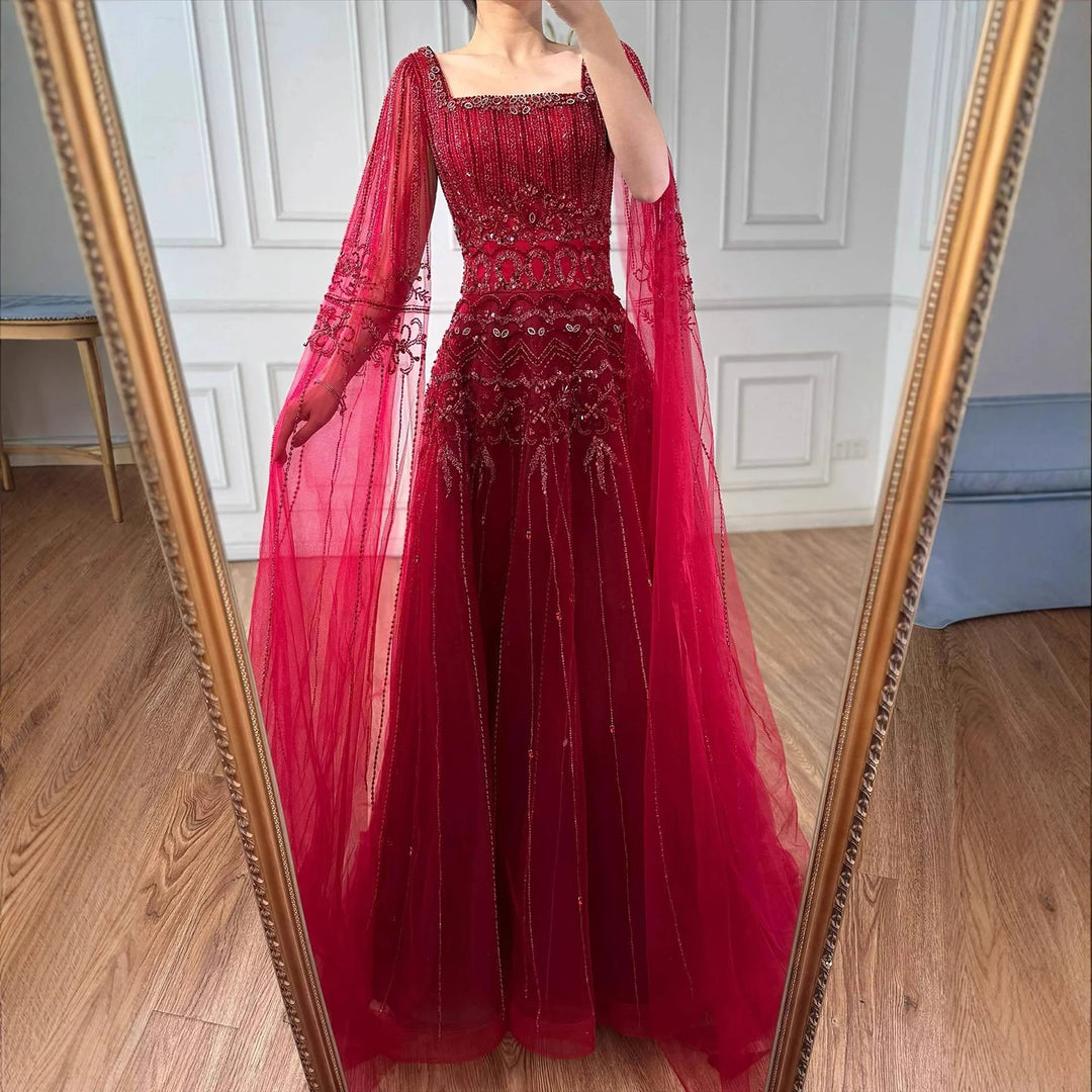 Serene Hill Red Square Collar A-Line Beaded Evening Dress with Cape Sleeves 2026 Party Gowns for Women DLA73089A Customized