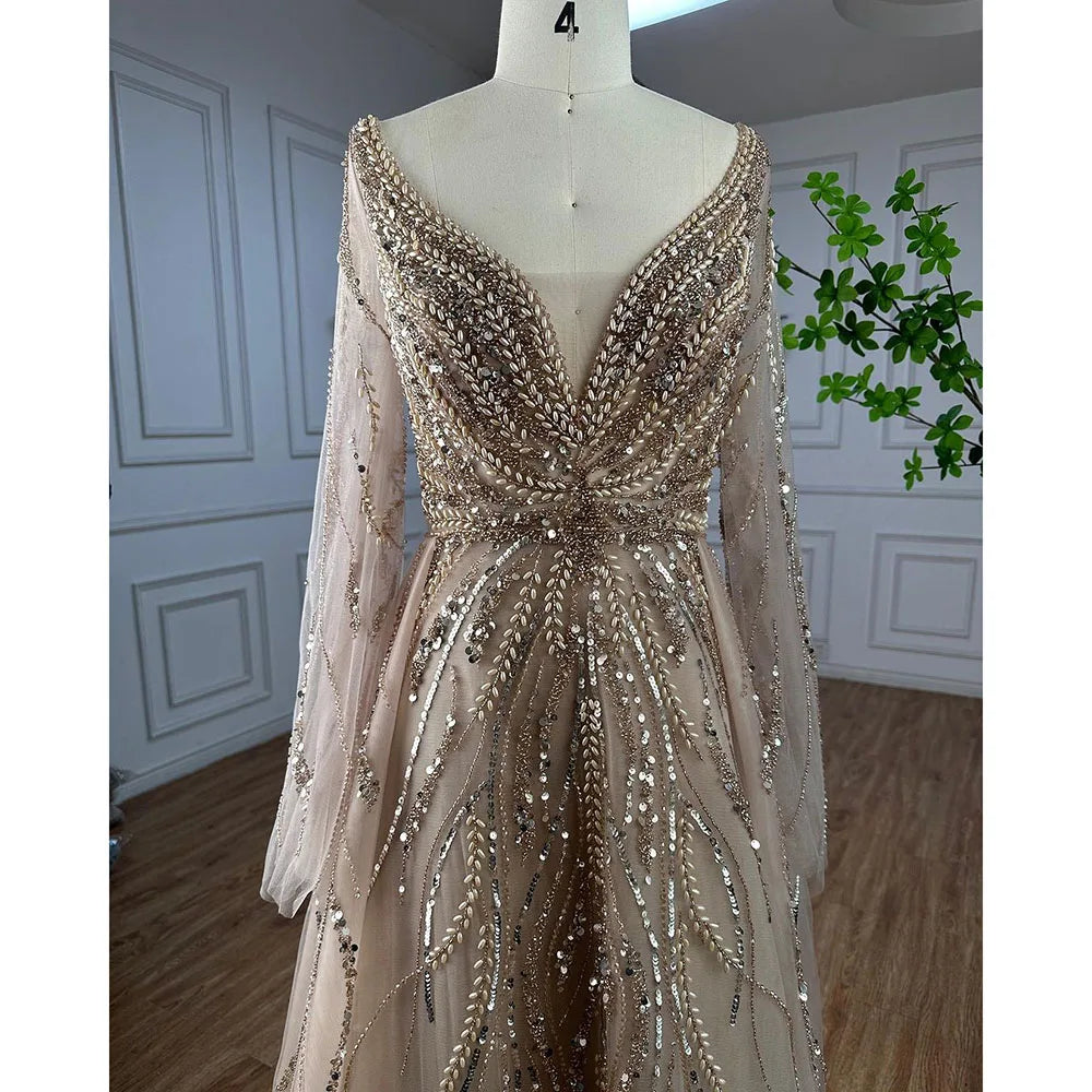 Serene Hill Customized Blue A Line Beaded Evening Dresses Arabic Wedding Party Formal Gowns 2024 For Women DLA72099 rts