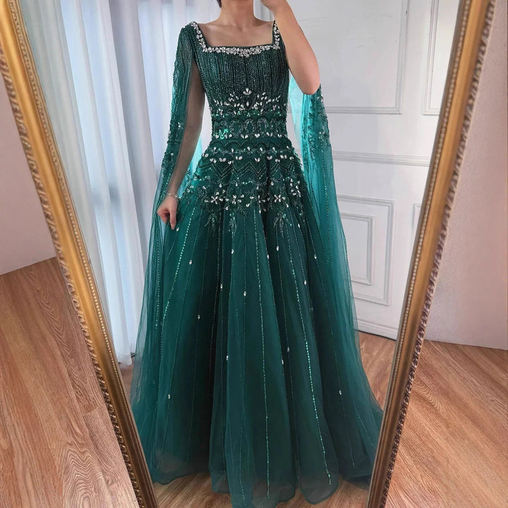 Serene Hill Red Square Collar A-Line Beaded Evening Dress with Cape Sleeves 2026 Party Gowns for Women DLA73089A Customized