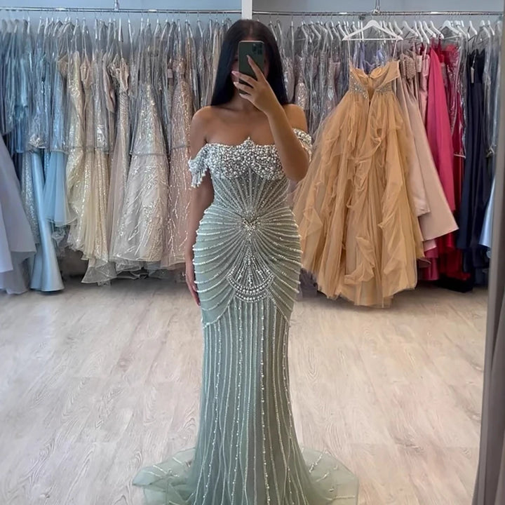 Serene Hill 2025 Customized Pink Off Shoulder Mermaid Evening Dress Luxury Beaded Party Gowns for Women DLA73148