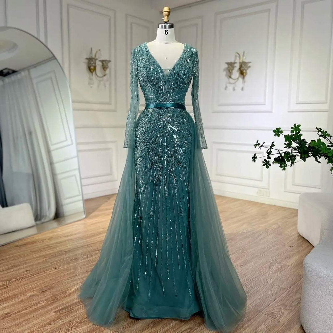 Serene Hill Customized Turquoise Long Sleeves Mermaid Beaded Evening Dresses Overskirt Party Gowns For Women DLA72239A