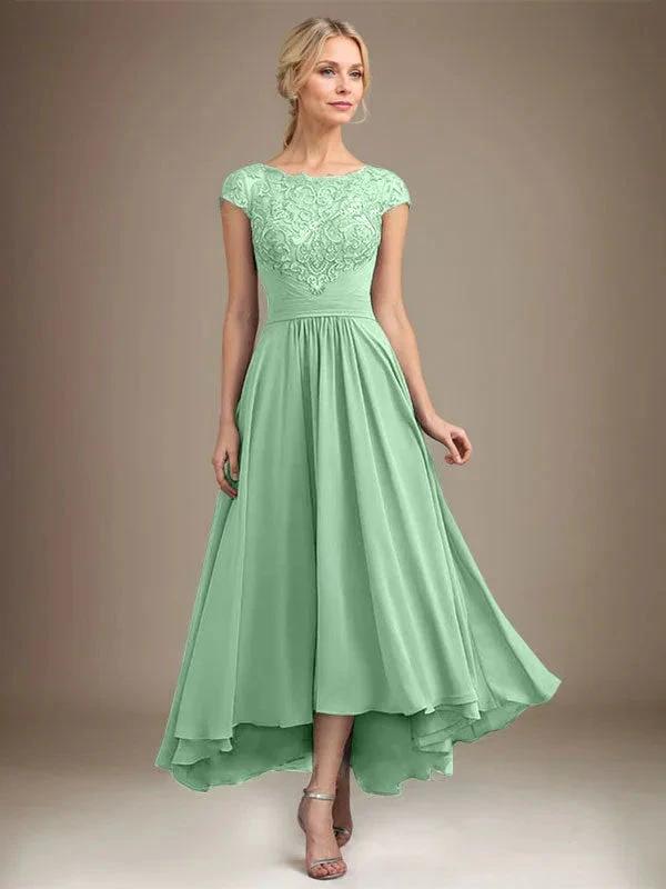 A-line Scoop Illusion Asymmetrical Lace Chiffon Mother of the Bride Dress With Pleated by Dreamylily