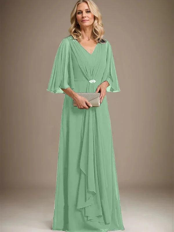 A-line V-Neck Floor-Length Chiffon Mother of the Bride Dress With Cascading Ruffles Crystal Brooch by Dreamylily