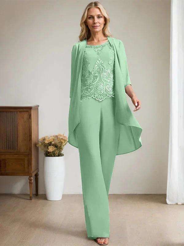 Separates Jumpsuit/Pantsuit Scoop Floor-Length Chiffon Lace Mother of the Bride Dress With Beading Sequins by Dreamylily