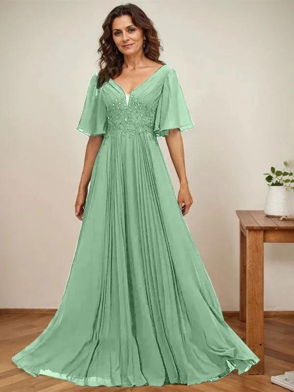 A-line V-Neck Floor-Length Chiffon Mother of the Bride Dress With Sequins Appliques Lace Pleated by Dreamylily