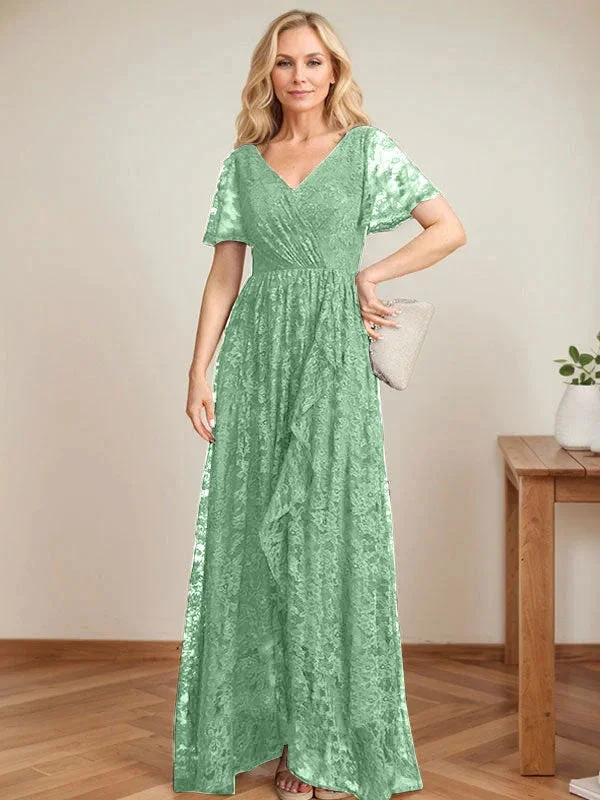 A-Line V-Neck Asymmetrical Lace Mother of the Bride Dress With Cascading Ruffles by Dreamylily
