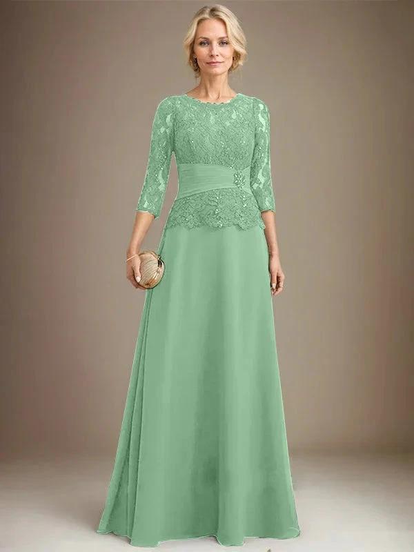 A-line Scoop Illusion Floor-Length Chiffon Lace Mother of the Bride Dress With Pleated Sequins Beading by Dreamylily