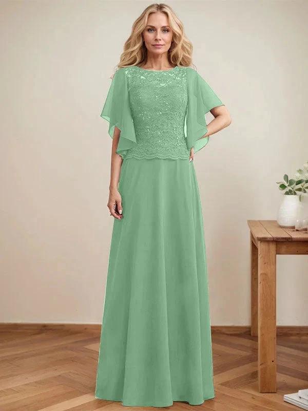 A-line Scoop Illusion Floor-Length Lace Chiffon Mother of the Bride Dress With Sequins by Dreamylily