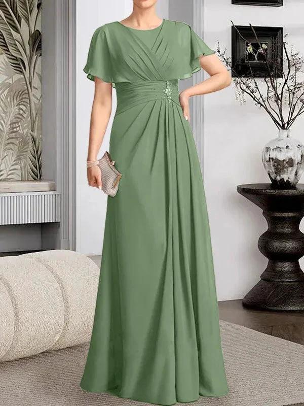 A-line Scoop Floor-Length Chiffon Mother of the Bride Dress With Pleated Beading by Dreamylily