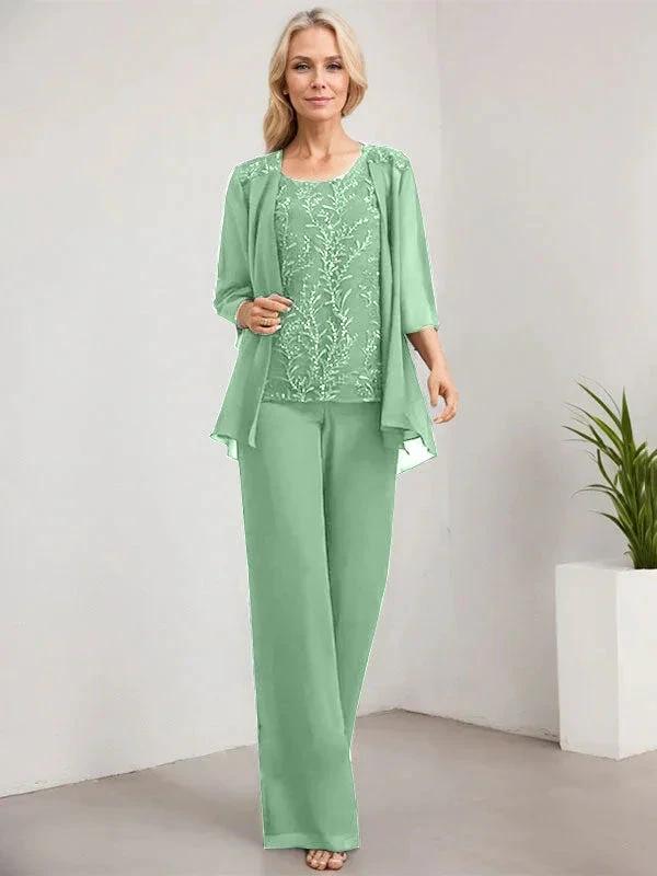 Separates Jumpsuit/Pantsuit Scoop Floor-Length Lace Chiffon Mother of the Bride Dress With Sequins by Dreamylily