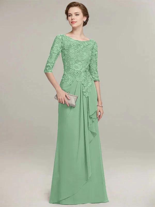 A-line Scoop Illusion Floor-Length Lace Chiffon Mother of the Bride Dress With Cascading Ruffles by Dreamylily