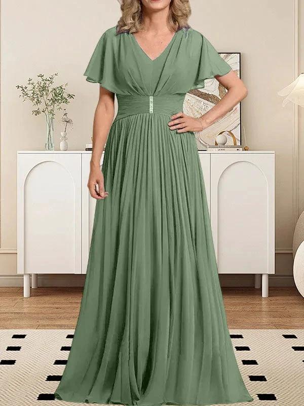 A-line V-Neck Floor-Length Chiffon Mother of the Bride Dress With Crystal Brooch Pleated by Dreamylily