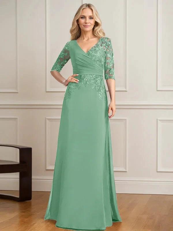 A-line V-Neck Floor-Length Lace Chiffon Mother of the Bride Dress With Pleated Sequins by Dreamylily