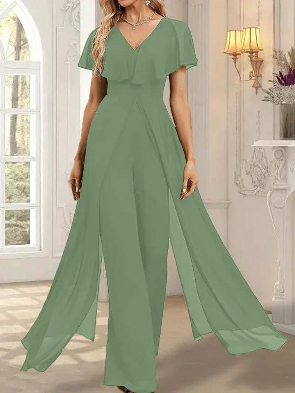 Jumpsuit/Pantsuit V-Neck Floor-Length Chiffon Evening Dress by Dreamylily