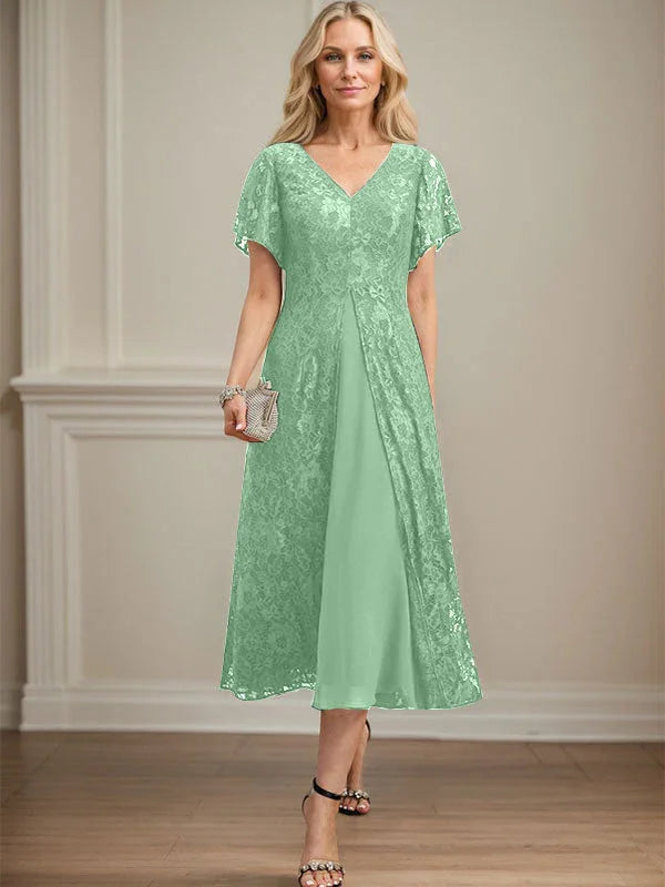 A-line V-Neck Tea-Length Lace Chiffon Mother of the Bride Dress by Dreamylily