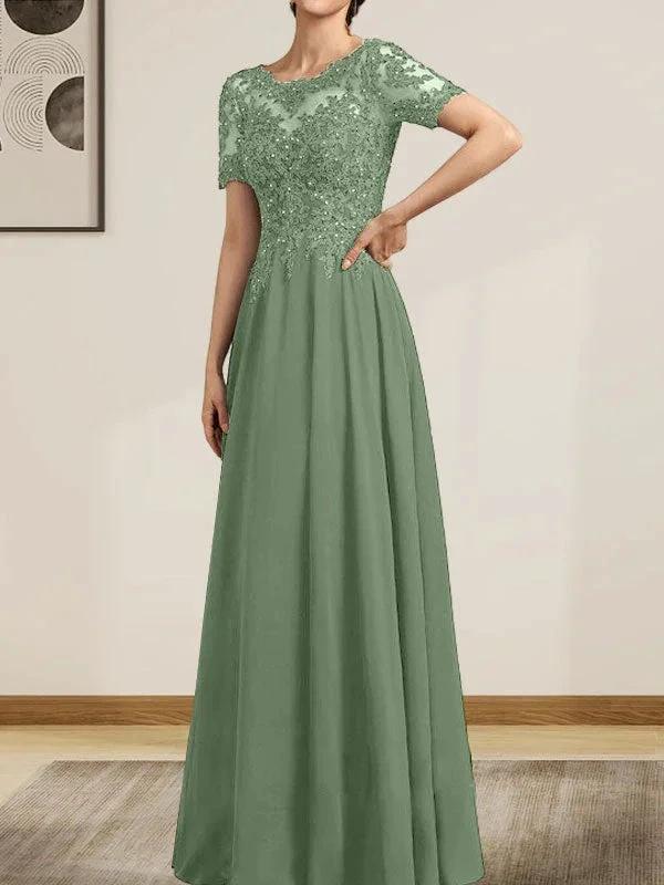 A-line Scoop Illusion Floor-Length Chiffon Lace Mother of the Bride Dress With Sequins Beading by Dreamylily