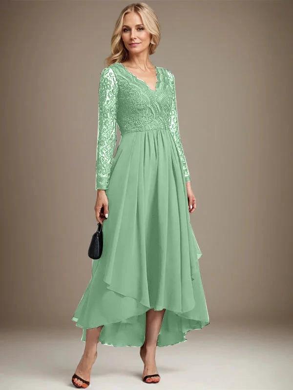 A-line V-Neck Asymmetrical Lace Chiffon Mother of the Bride Dress by Dreamylily