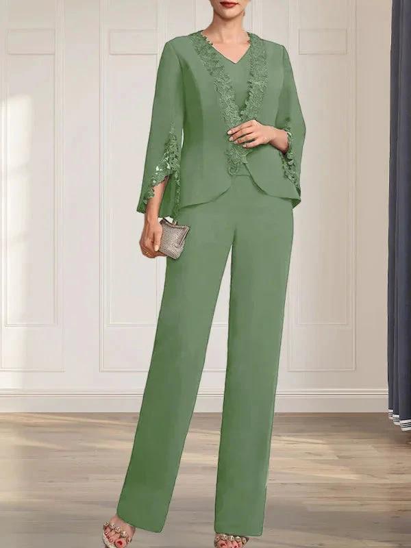 Separates Jumpsuit/Pantsuit V-Neck Floor-Length Chiffon Mother of the Bride Dress by Dreamylily
