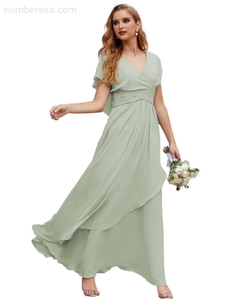 Numbersea Chiffon Bridesmaid Dresses Long Formal Evening Prom Mother of The Bride Dress with Flutter Sleeve SEA28040 by numbersea