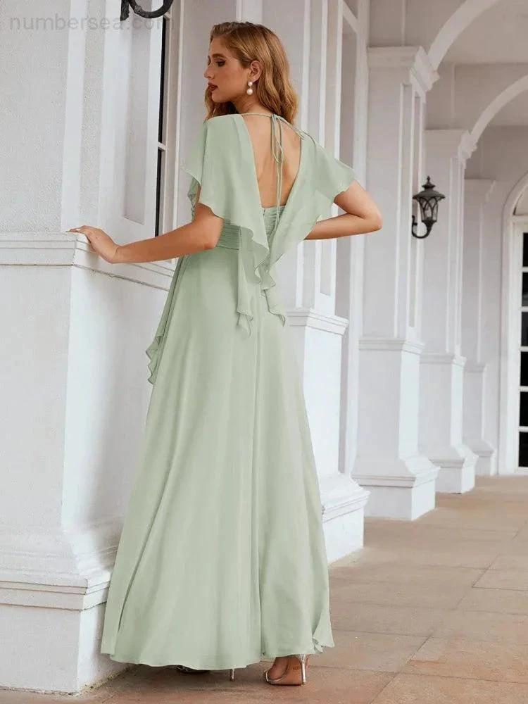 Numbersea Chiffon Bridesmaid Dresses Long Formal Evening Prom Mother of The Bride Dress with Flutter Sleeve SEA28040 by numbersea