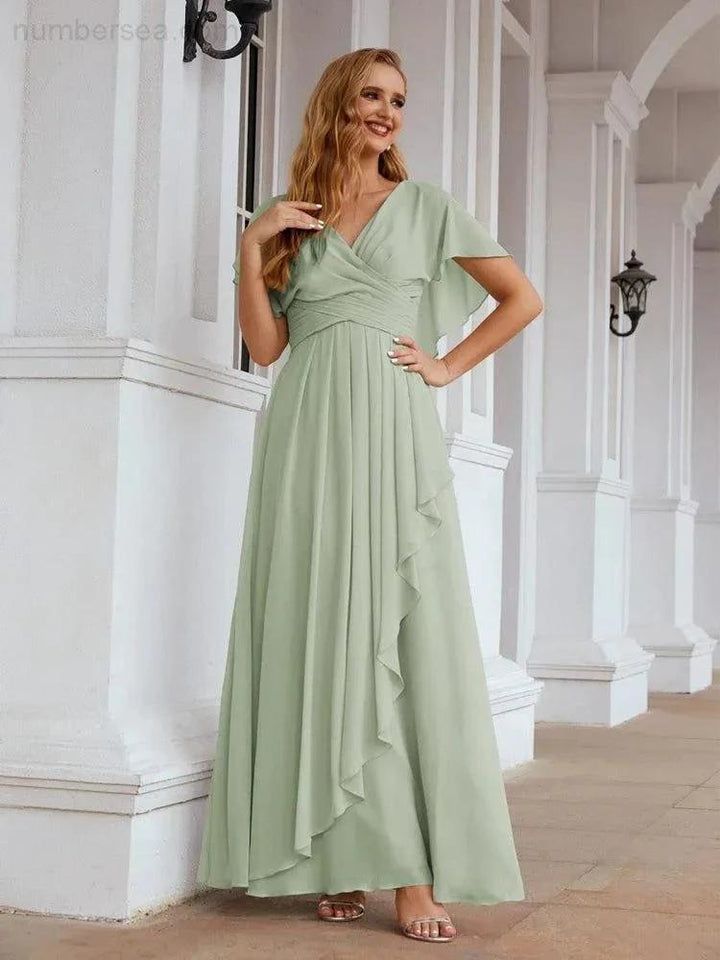 Numbersea Chiffon Bridesmaid Dresses Long Formal Evening Prom Mother of The Bride Dress with Flutter Sleeve SEA28040 by numbersea