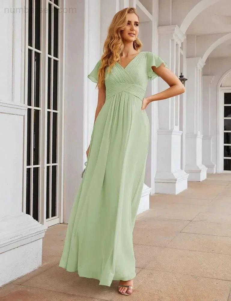 Numbersea Chiffon Bridesmaid Dress Cap Sleeves Maxi Prom Gowns Party Wedding Mother of The Bride Dresses for Women SEA28047 by numbersea