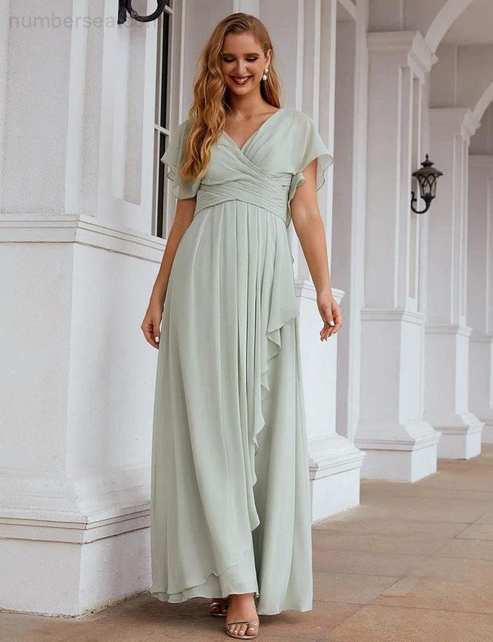 Numbersea Chiffon Bridesmaid Dresses Long Formal Evening Prom Mother of The Bride Dress with Flutter Sleeve SEA28040 by numbersea