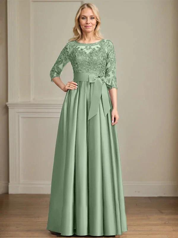 A-line Scoop Illusion Floor-Length Satin Lace Mother of the Bride Dress With Sequins Bow by Dreamylily