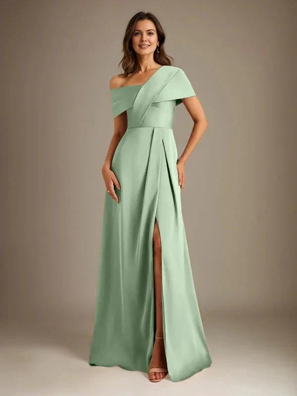 A-Line Asymmetrical Neckline Floor-Length Satin Mother of the Bride Dress With Pleated by Dreamylily