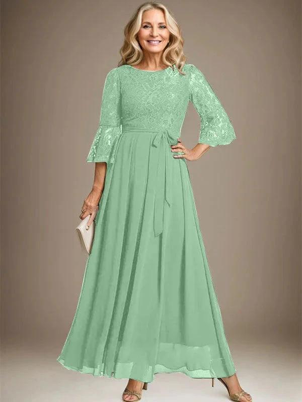 A-Linie U-Ausschnitt Knöchellang Spitzen Chiffon Kleid für die Brautmutter mit Schleife