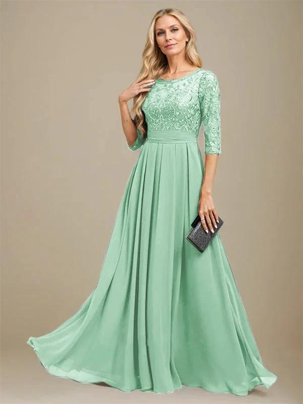 A-Line Scoop Floor-Length Lace Chiffon Mother Of the Bride Dress With Sequins Applique by Dreamylily