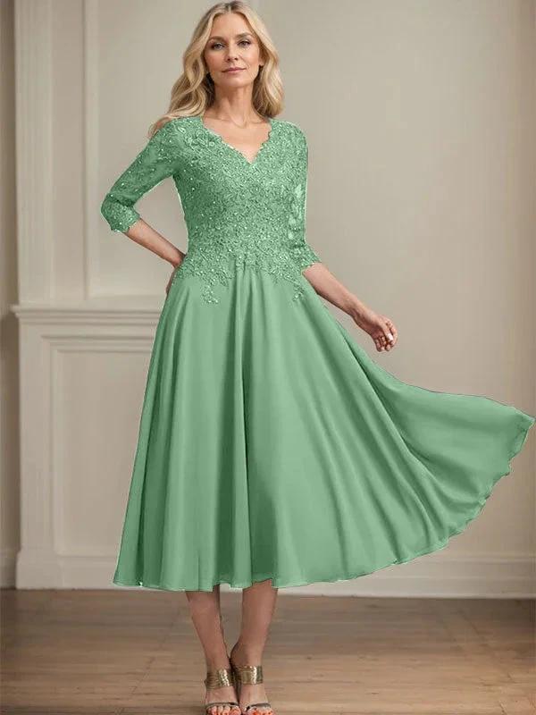 A-line V-Neck Tea-Length Chiffon Lace Mother of the Bride Dress With Beading Sequins by Dreamylily