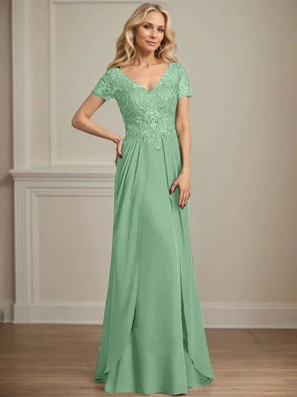 A-line V-Neck Floor-Length Chiffon Lace Mother of the Bride Dress by Dreamylily